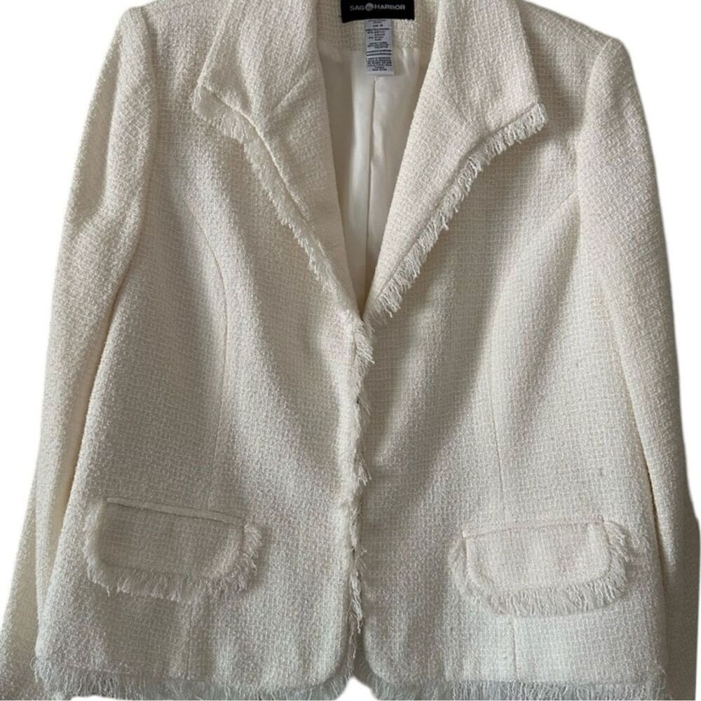 SAG HARBOR White Ivory Fringe Tweed Style Blazer sz 8 (read description)